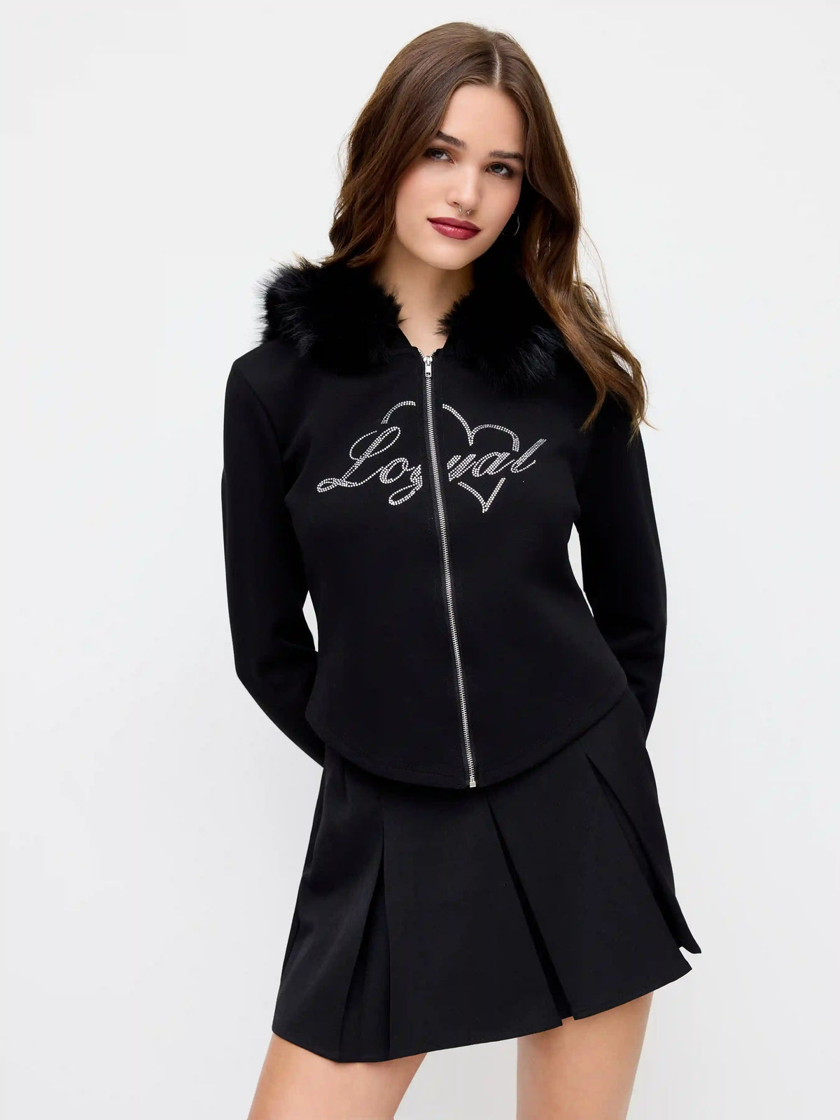 Loyal Rhinestone Faux Fur Trim Hoodie