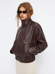 Funnel Neck Zip Through Faux Leather Bomber Jacket