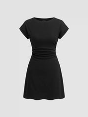 Cotton-blend Round Neckline Ruched Mini Dress