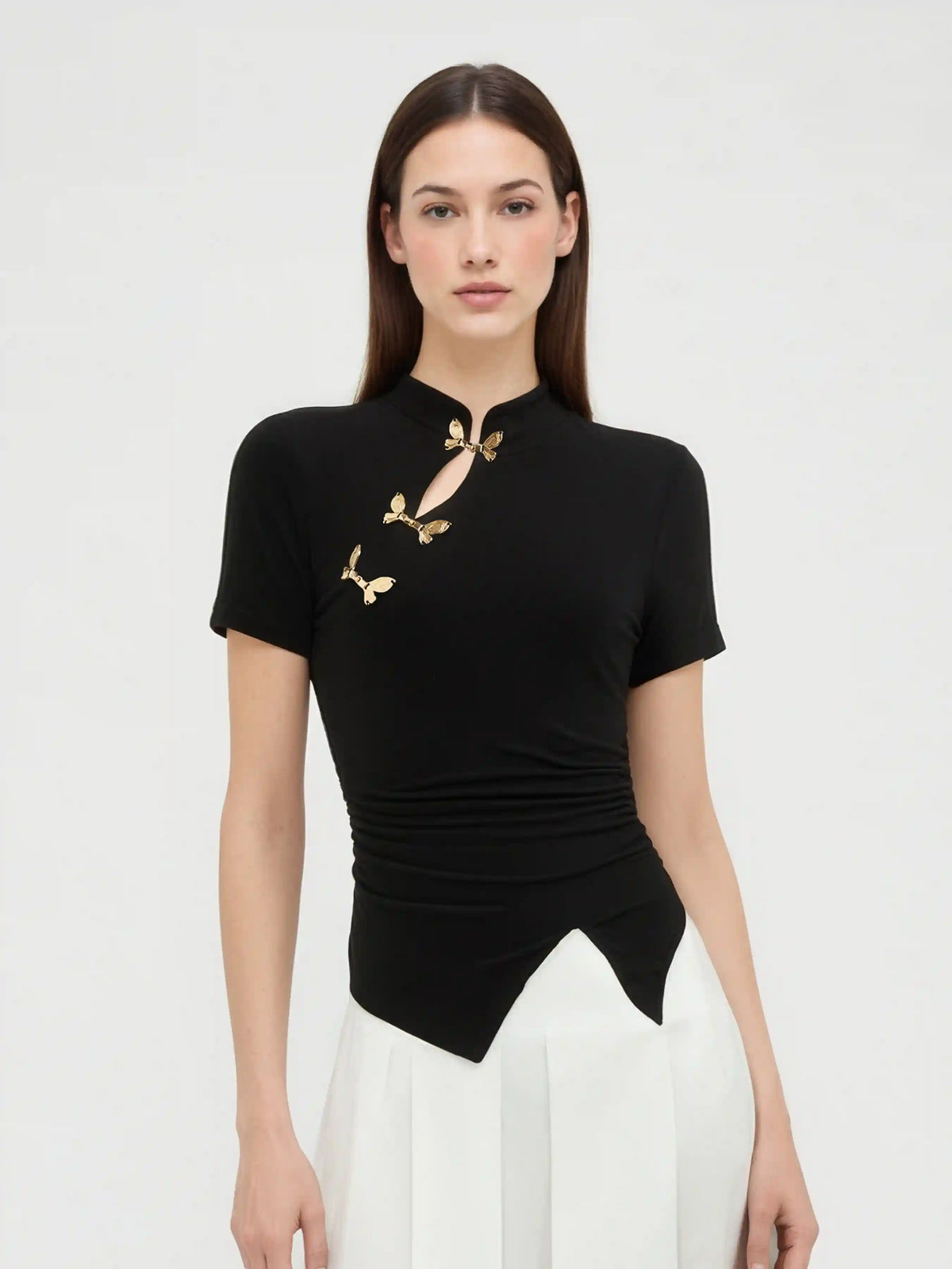 Mandarin Collar Ruched Split Top
