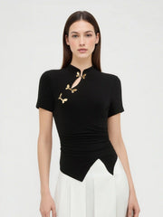 Mandarin Collar Ruched Split Top
