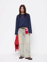 Cotton-blend Fish Embroidery Round Neckline Long Sleeve Oversized Tee