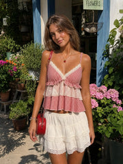 Gingham Sweetheart Lace Panel Ruffle Cami Top
