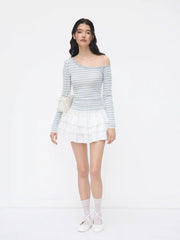 Knit Wool-blend Asymmetrical Neck Stripe Long Sleeve Top