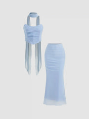 Mesh Halter Neckline Crop Bandeau Top & High Rise Ruched Mermaid Maxi Skirt Set