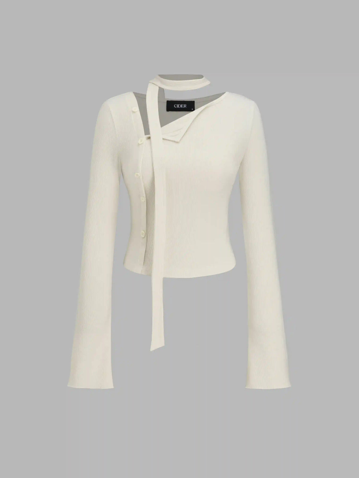 Asymmetrical Neck Solid Button Long Sleeve Top With Scarf