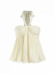 Halter Neckline Ruched Twist Knotted Blouse