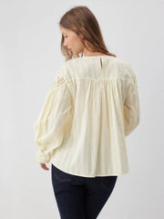 Cotton Round Neckline Lace Embroidery Ruched Long Sleeve Blouse
