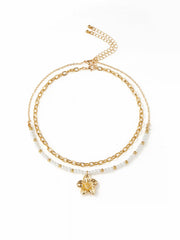 FLOWER & FAUX PEARL BEADED LAYERED NECKLACE