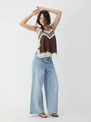 V-neck Lace Panel Split Cami Top
