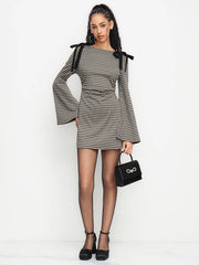 Cotton-blend Boat Neck Gingham Bowknot Ruched Mini Dress