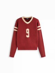 9 Knit V-neck Long Sleeve Contrasting Binding Top