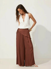 Satin Mid Rise Wrap Wide Leg Trousers