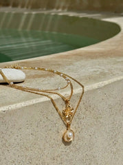 FLORAL & SHELL & FAUX PEARL LAYERED NECKLACE