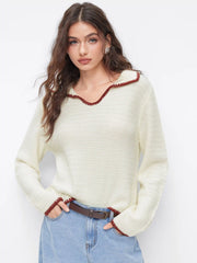 Knit Collar Contrasting Binding Long Sleeve Top