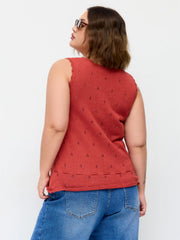 Knit Cotton-blend Pointelle Drawstring Peplum Vest Curve & Plus