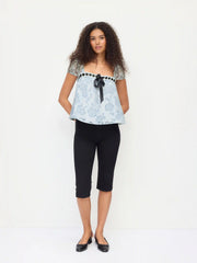Textured Floral Square Neck Puff Sleeve Bowknot Lace Trim Blouse
