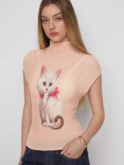 Textured High Neck Cat Graphic Short Sleeve Tee
