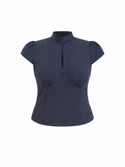 Striped Stand Collar Cut Out Blouse With Scarf Curve & Plus