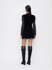 Velvet Stand Collar Long Sleeve Lace Mesh Knotted Mini Dress