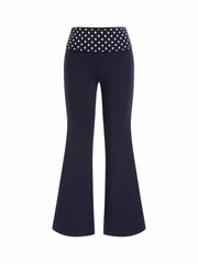High Stretch Cotton-blend Low Rise Polka Dot Flared Trousers