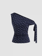 Cotton-blend Asymmetrical Neck Polka Dot Ruched Knotted Top