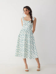 Floral Square Neck Ruffled Tie Back A-line Maxi Dress