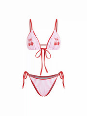 V-neck Stripe Cherry Graphic Lace Trim Triangle Bikini Set