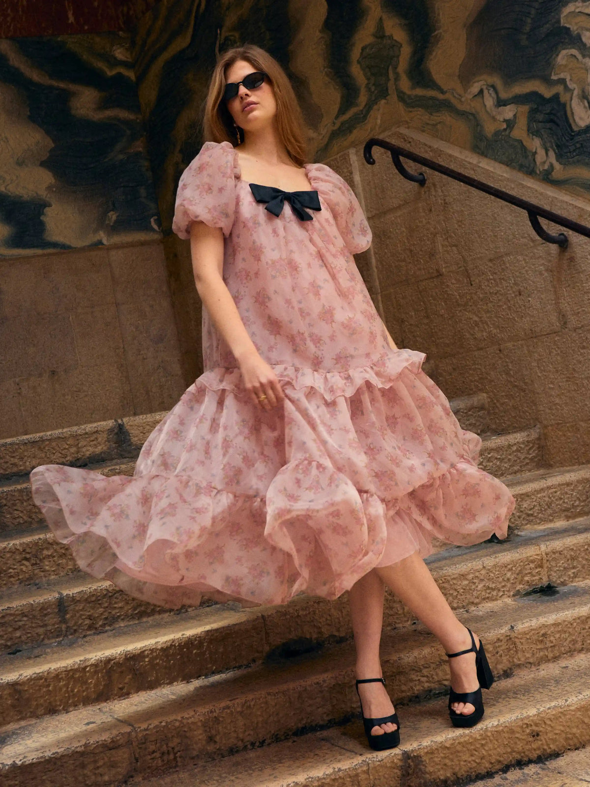 Floral Square Neck Puff Sleeve Bowknot Ruffled Tiered Babydoll Maxi Dress