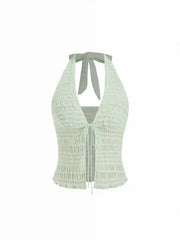 Textured Halter Neck Tie Front Shirred Lettuce Trim Cami Blouse