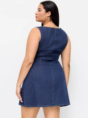 Stretch Denim Ruched Zipper Mini Dress Curve & Plus