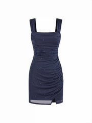 Glitter Square Neck Ruched Split Bodycon Mini Dress