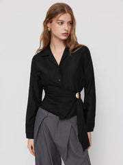 Collar Wrap Metal Detail Ruched Long Sleeve Shirt