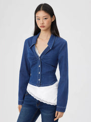 Stretch Denim Collar Ruched Metal Button Blouse
