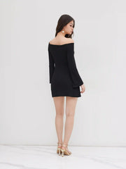 Off-Shoulder Bell Sleeve Hook Ruched Mini Dress