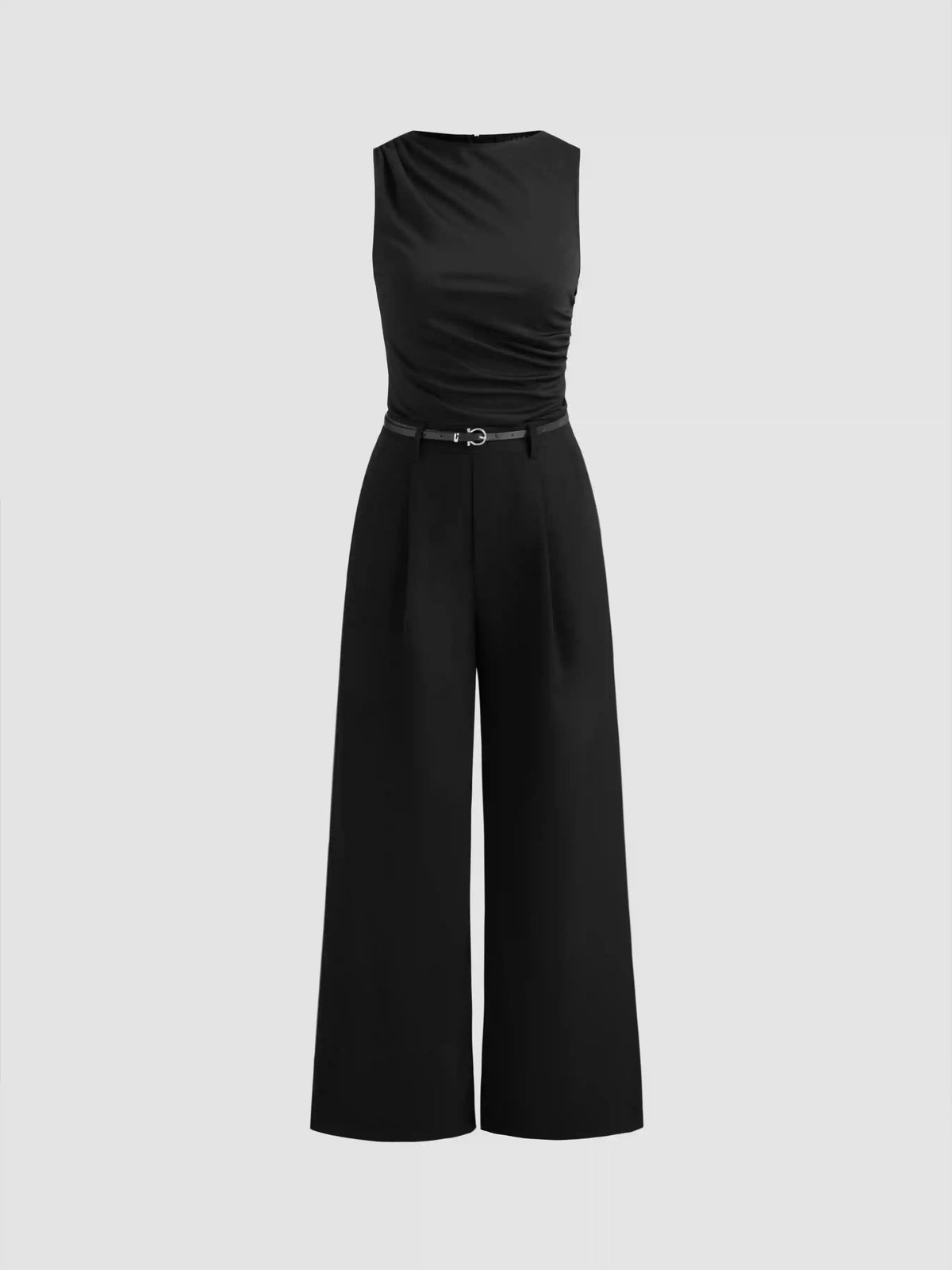 Woven Boat Neck Solid Ruched Jumpsuit With Belt