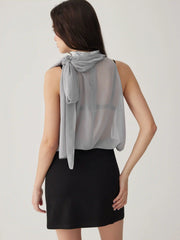 Chiffon Asymmetrical Neck Scarf Detail Sleeveless Bodysuit