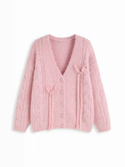 Knit Wool-blend V-neck Long Sleeve Lace Bowknot Button Oversized Cardigan