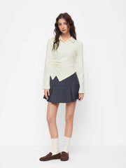 Cotton-blend Polo Ruched Hanky Hem Long Sleeve Top