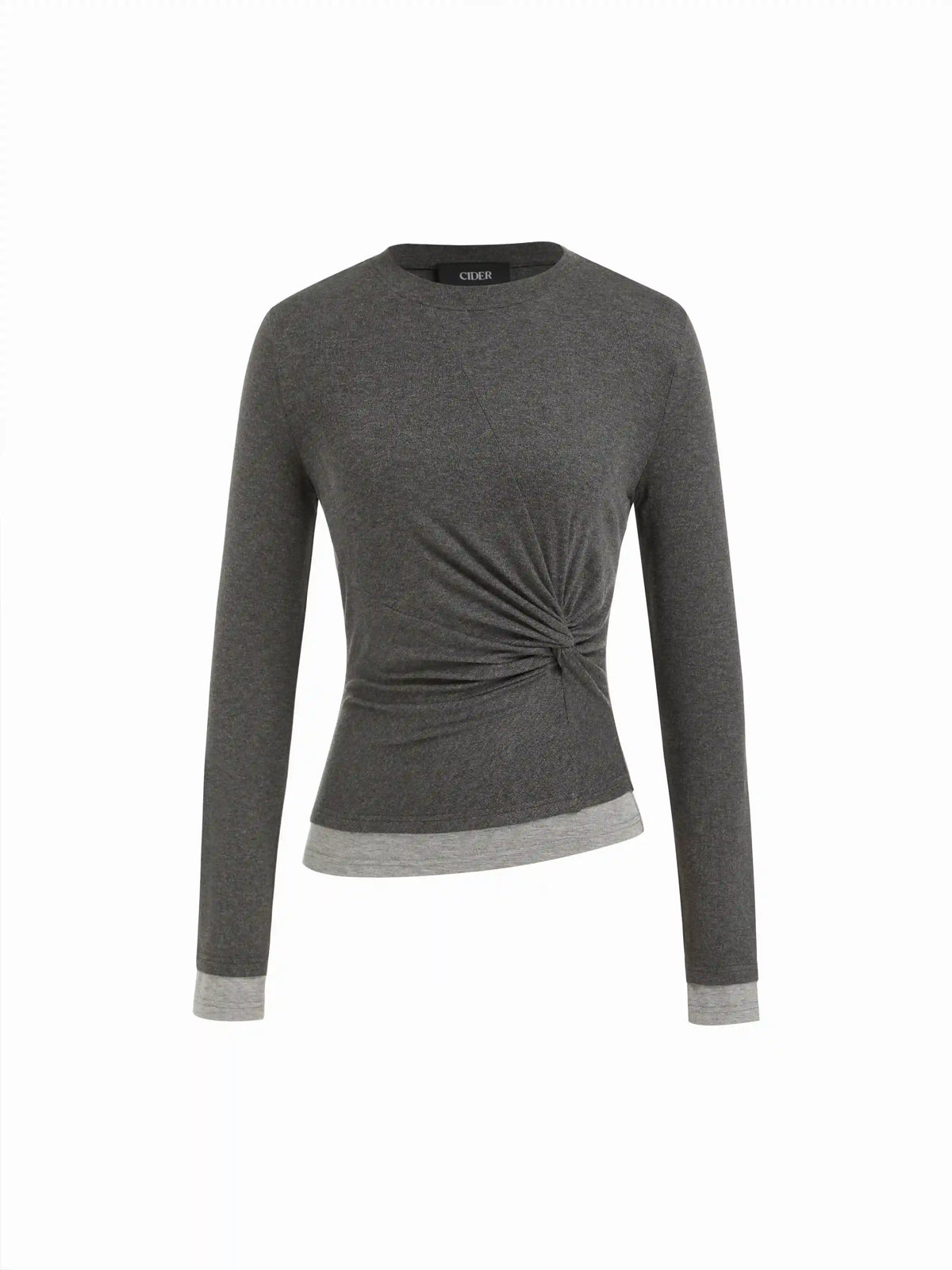 Two Tone Round Neckline Long Sleeve Twist Ruched Asymmetrical Hem Top