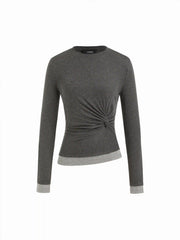 Two Tone Round Neckline Long Sleeve Twist Ruched Asymmetrical Hem Top