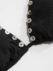 Ribbed Shell  Button Side-Tie Triangle Bikini Set