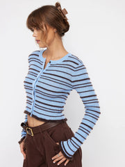 Knit Wool-blend Striped Round Neckline Long Sleeve Lettuce Trim Cardigan
