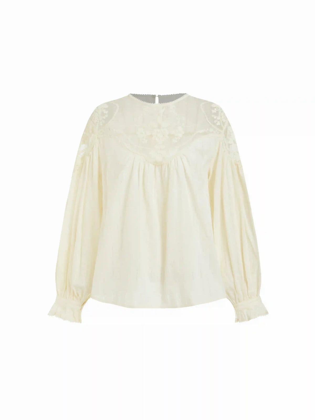 Cotton Round Neckline Lace Embroidery Ruched Long Sleeve Blouse