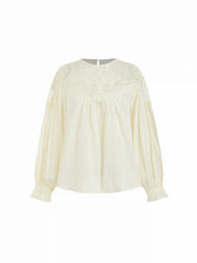 Cotton Round Neckline Lace Embroidery Ruched Long Sleeve Blouse