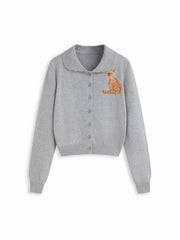 Knit Cat Graphic Round Neckline Cardigan