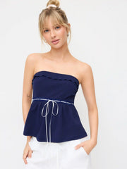 Cotton-blend Lettuce Trim Knotted Ruched Bandeau Top
