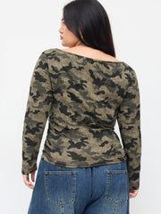 Camo Graphic Boat Neck Ruched Tee Curve & Plus