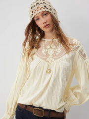 Cotton Round Neckline Lace Embroidery Ruched Long Sleeve Blouse