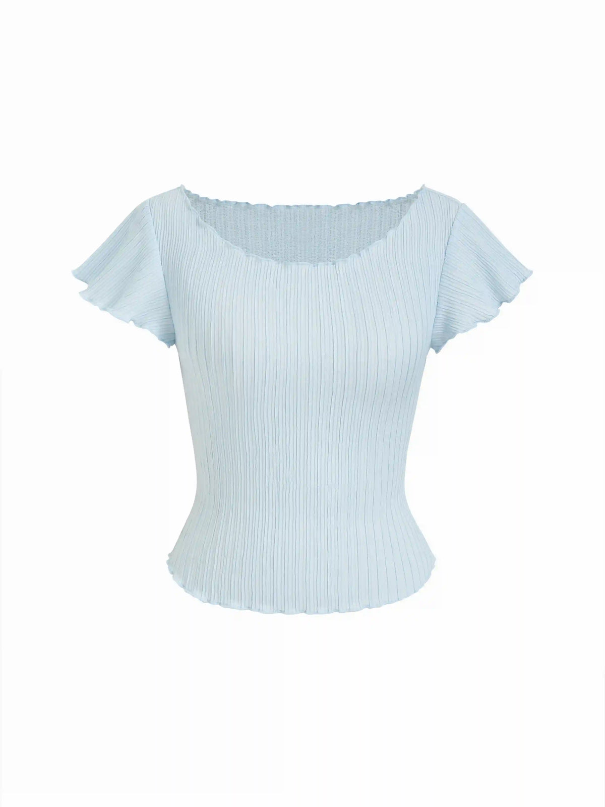 Textured Boat Neck Ruffle Sleeve Lettuce Trim Tee